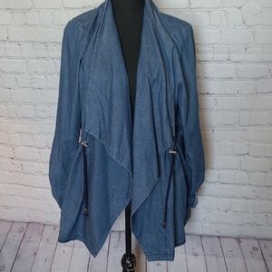 Sunset Lane Size Large Blue Chambray Cotton Draped Front Jacket Cardigan